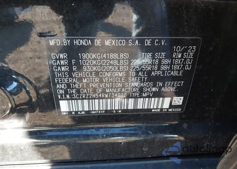 2024 Honda Hr-V Awd Sport/Awd Sport W/O Bsi from USA, damaged, VIN 3CZRZ2H54RM734010